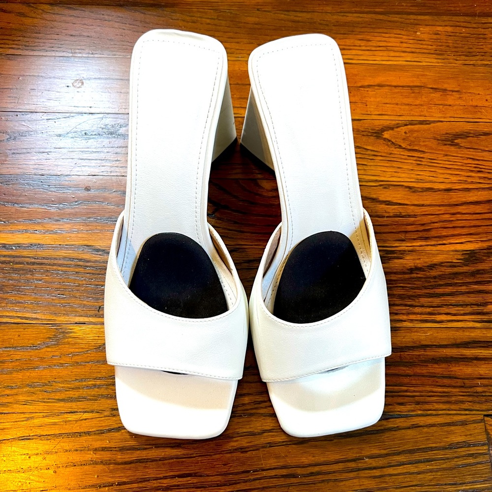 White slip on block heels